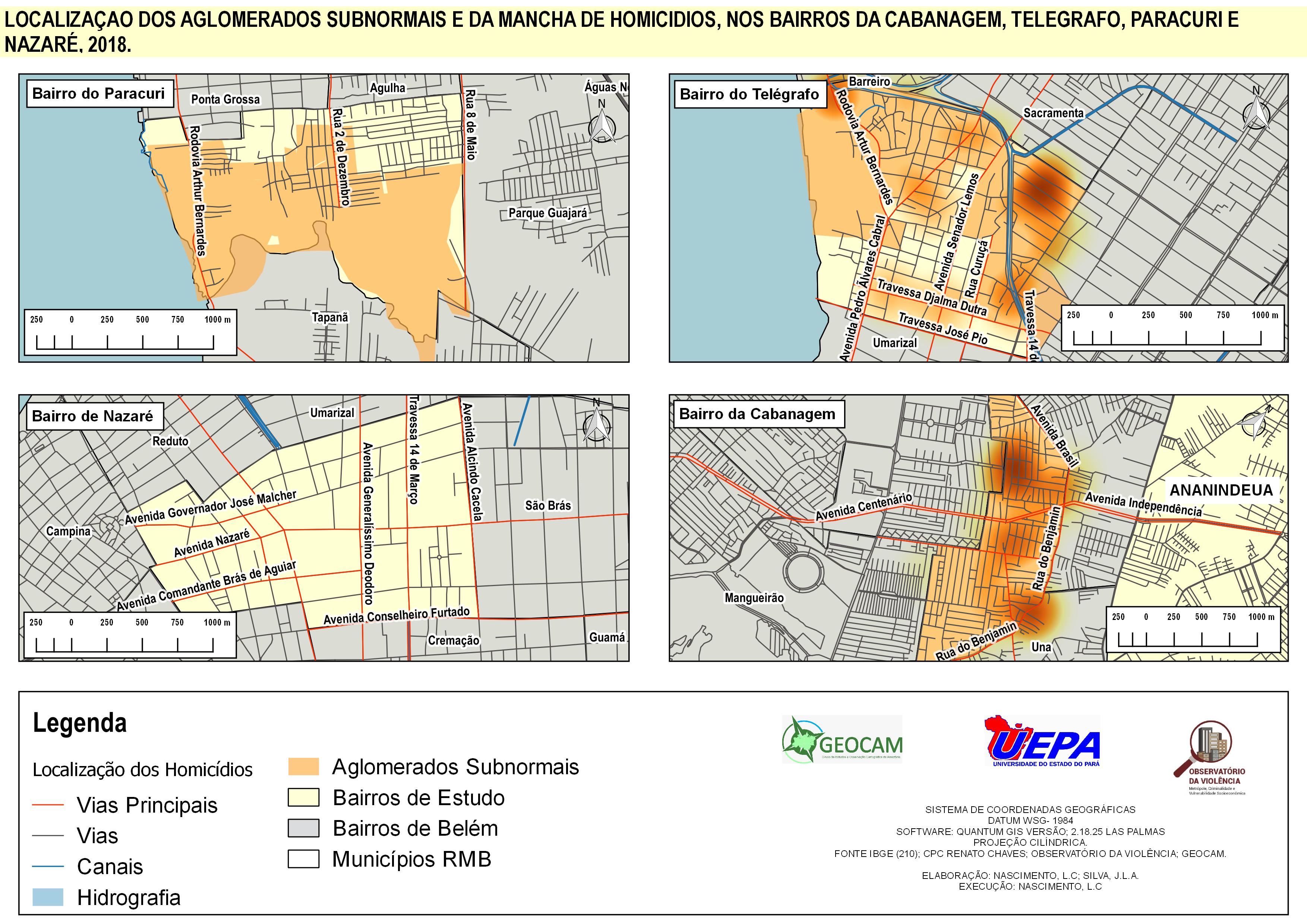 Mapa de localizao dos aglomerados subnormais e dos homicdios nos bairros Cabanagem Telgrafo Paracuri e Nazar 2018