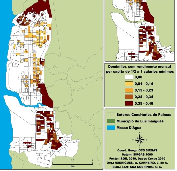 Domic�lios com rendimentos mensais per capita de � a 1 SM em Palmas/TO