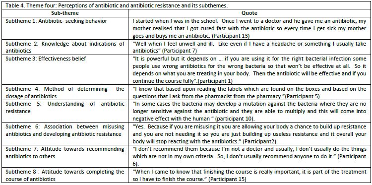 Theme four: Perceptions of antibiotic and antibiotic resistance and its subthemes.