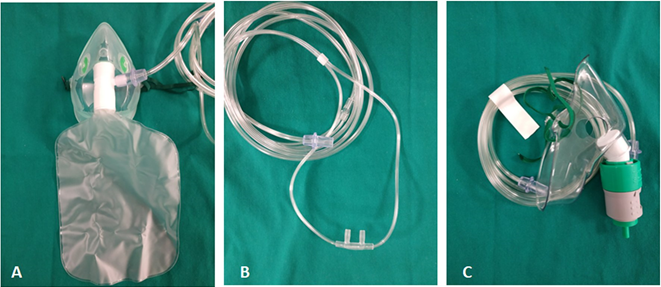Oxygen therapy systems low flow systems like reservoir masks (A), nasal goggles (B) as well as high flow systems (Venturi mask, C)