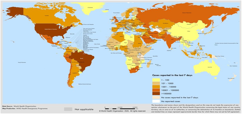 World distribution of the number of confirmed cases reported as at 01, June 2020 by the World Health Organization (WHO).