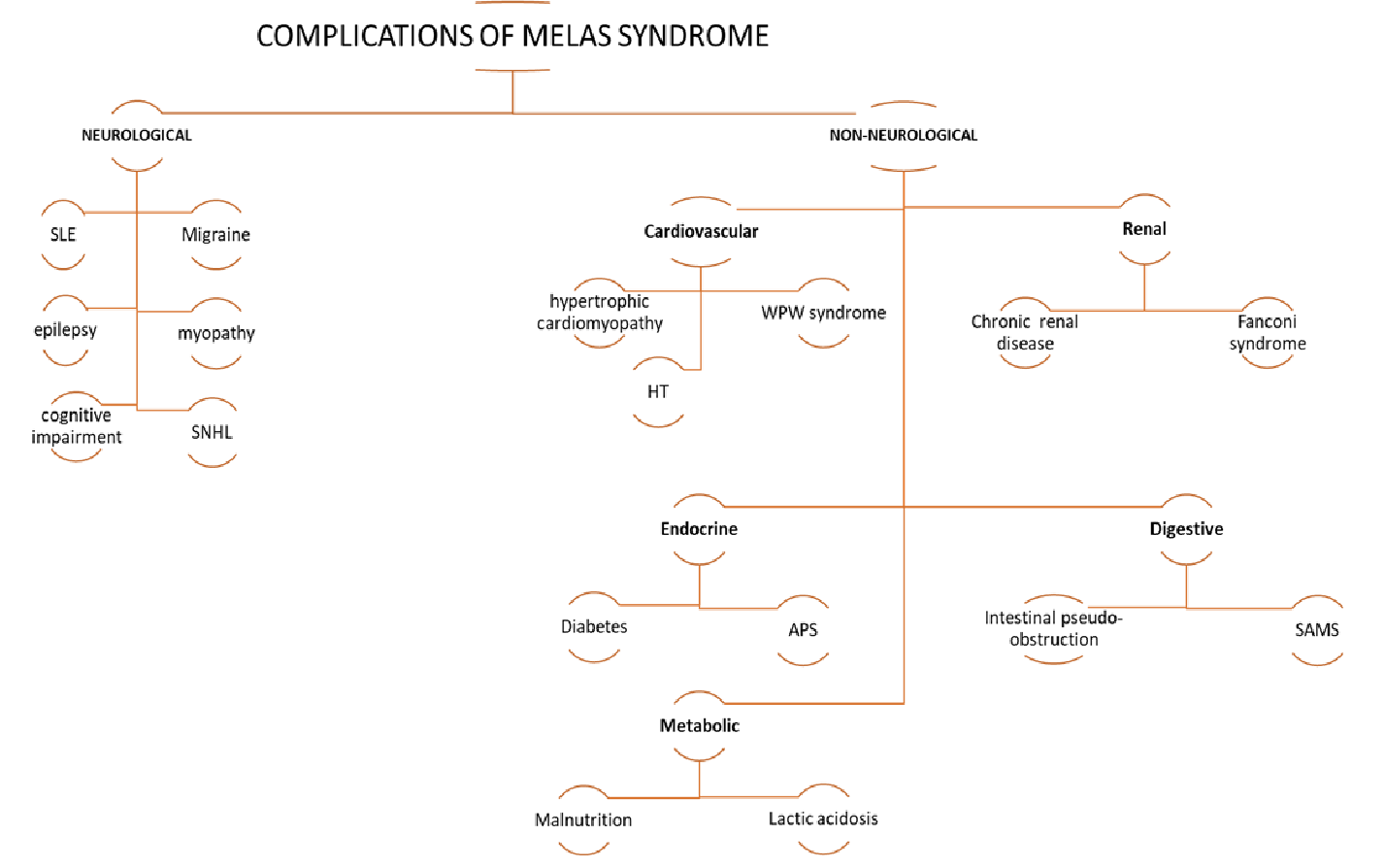 Diagram showing the main medical complications in MELAS syndrome 