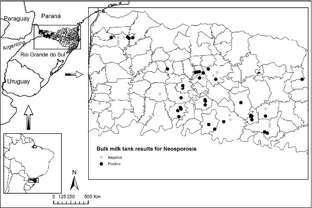 Map of epidemiological distribution of positive samples derived from milk from the farm tank, i.e. collective samples (n=36) in a total of 65samples in Santa Catarina state, Brazil