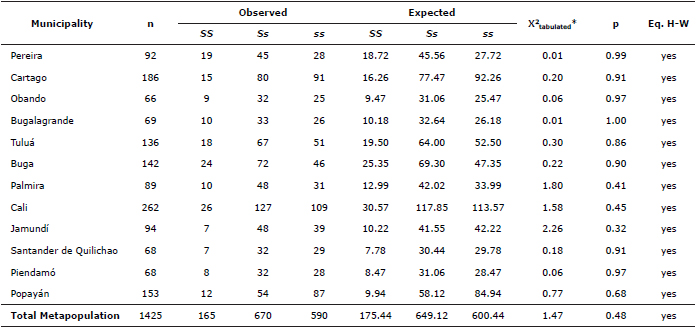 Chi-square to test the Hardy-Weinberg equilibrium hypothesis (Eq. H-W) in the S locus of F. catus in 12 municipalities in southwestern Colombia, n corresponds to the number of individuals surveyed for locus in each population. * X2 tabulated (2; 0.05) = 5.991.