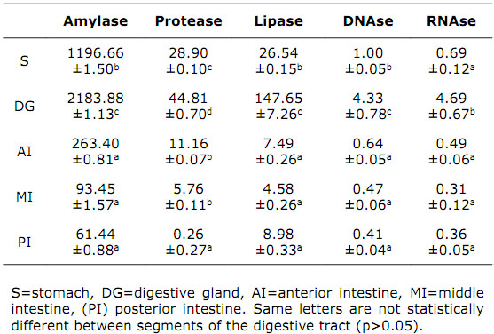  Specific activity of amylase, protease, lipase, DNAse, and RNAse in sections of the digestive tract in whiteleg shrimp L. vannamei.