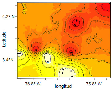 A posteriori probability distribution map of the first Achatina fulica group in the Valle del Cauca Department. The axes represent the geographic coordinates of Department. The probability values (0.0 to 1.0), when the yellow color means higher values of probability than red color. The isolines delimit the probability