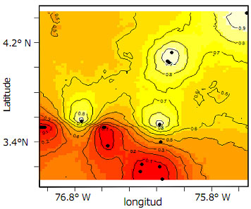 A posteriori probability distribution map of the second Achatina fulica group in the Valle del Cauca Department. The axes represent the geographic coordinates of Department. The probability values (0.0 to 1.0), when the yellow color means higher values of probability than red color. The isolines delimit the probability.