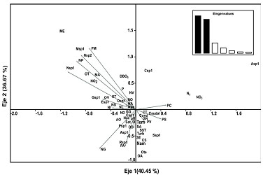 Canonical Correspondence Analysis of the Cyanophyceae and Bacillariophyceae with the physicochemical variables of the Cesar River. OD and SST in mg / L. NO2, NO3, N2 and P in μg / L. Tem in &deg; C. Sat. O in%. Cond in μS / cm. Turb in NTU and flow in m3/s. Abbreviation of the species see Table 3.