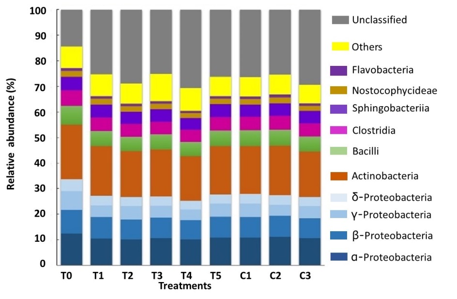 Relative abundance (> 1%) at class
level, and Proteobacteria associated to the GIT of A. ventricosus
treated with different homeopathic (HOM) medicines.