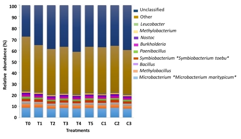 Bacterial relative abundance (> 1%)
at genera and species level in the GIT microbiota associated to marine scallop A.
ventricosus under HOM-treatments according to the analysis of variance
(ANOVA) and Tukey´s multiple comparison test. (*) means significant difference
p ≤ 0.05.