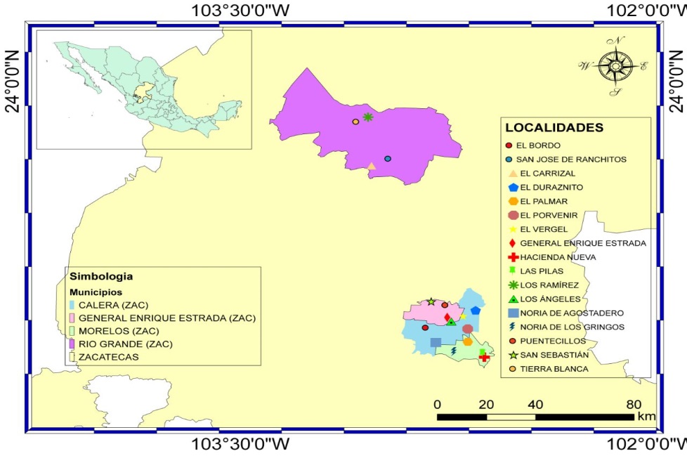 Geographic location of
the localities sampled in the four municipalities of the state of Zacatecas.