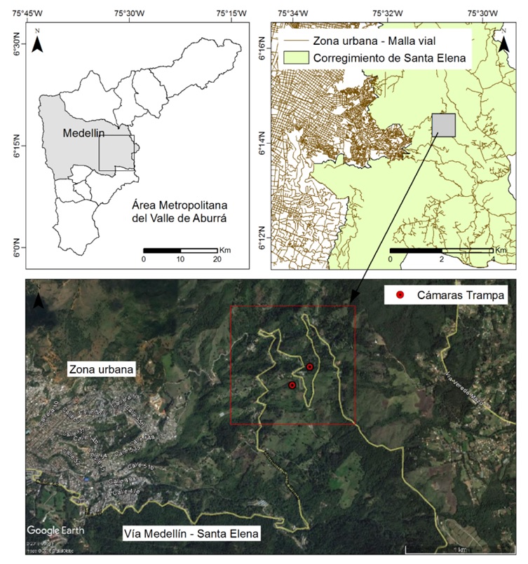 Geographical location of the study area in Santa
Elena village, Medell&iacute;n, Colombia.