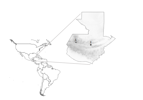Mapa señalando la localidad de estudio (punto 1). También se muestra el área donde Pseudosuccinea columella fue previamente reportada por Paraense en 1982 (punto 2).