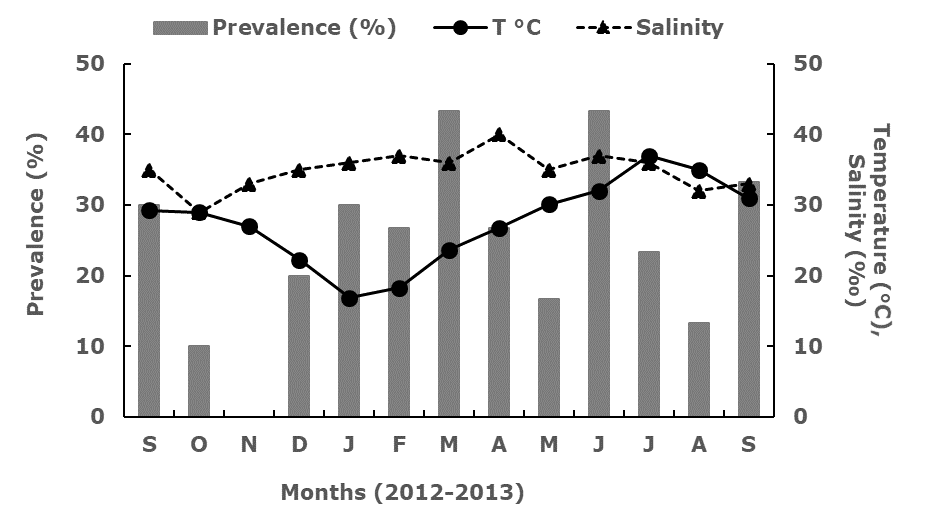 Prevalence (%) of presumptive Perkinsus sp. hipnospores in Megapitaria squalida detected with MFTR, and temperature (&deg;C) and salinity (&permil;) in Altata Bay (Sinaloa, Mexico), from September 2012 to September 2013.