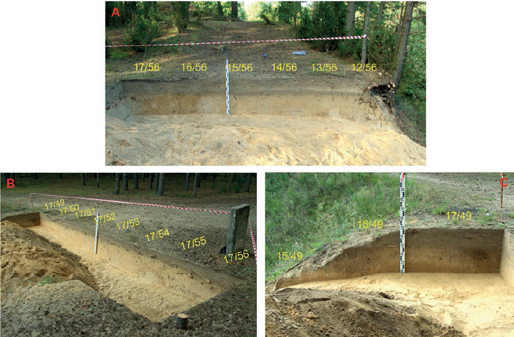 Perkasos 5 šiaurinė (A), vakarinė (B) ir pietinė (C) sienelės. E. Šatavičiaus nuotrauka