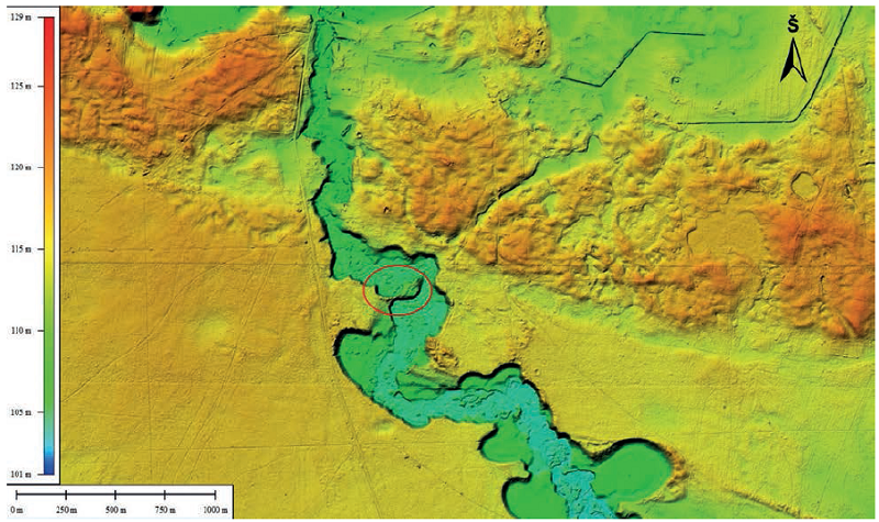 Kapčiamiesčio senovės gyvenvietės (pažymėta raudonu ovalu) geografinė aplinka. LiDAR planas