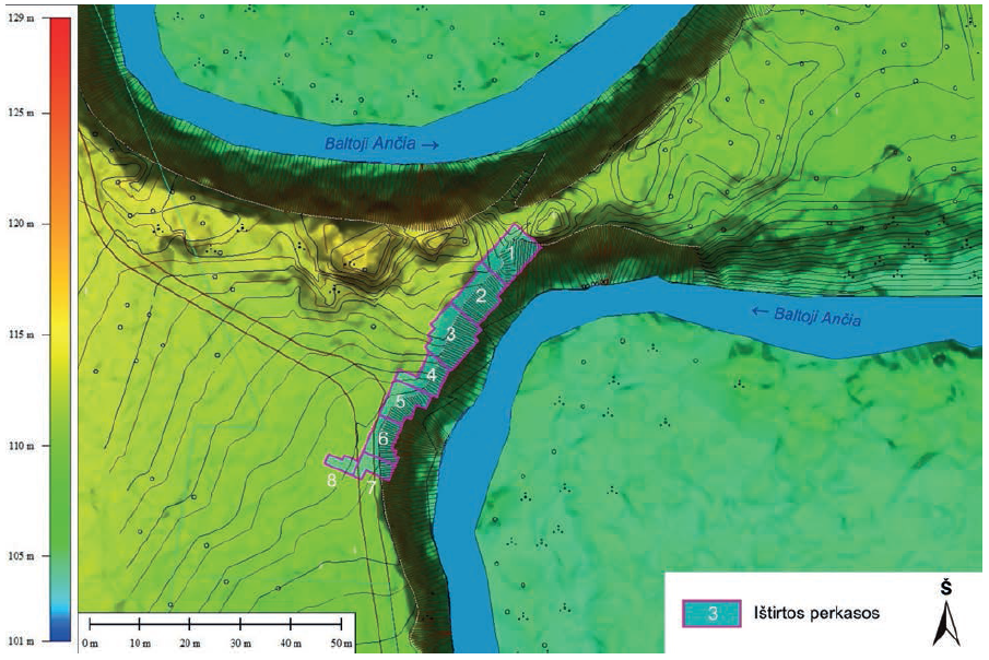 Kapčiamiesčio senovės gyvenvietės teritorija su pažymėta tyrimų vieta. LiDAR ir topografinis planas. E. Šatavičiaus brėžinys