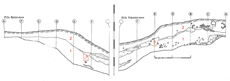 Aukuro kalno piliakalnio ploto Nr. 2a sienelių pjūviai: 1 – kultūrinis sluoksnis su briauninės formos brūkšniuotąja keramika; 2 – kultūrinis sluoksnis su grublėtąja, lipdytine lygiu paviršiumi ir apžiesta keramika; 3 – pastato sienos (Luchtanas, 1994a, 4 brėž.; papildyta R. Vengalio)