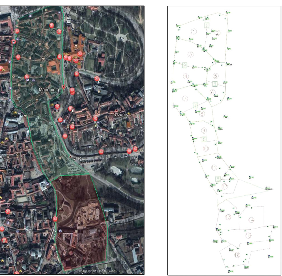2019 m. skenuota Vilniaus senamiesčio dalis ir jos skenavimo tinklas