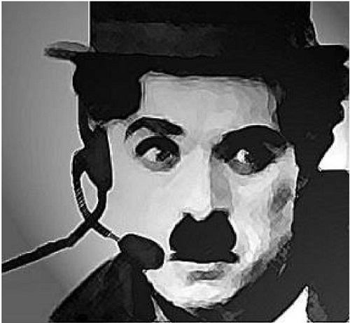 Chaplin imaginado como teleoperador de un call center