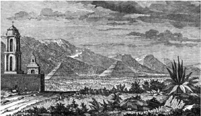 Pirámides de San Juan Teotihuacán, vista oeste. Tomado de Mayer,1847, p. 223.