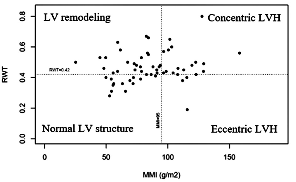 TTE data distribution among women LV – left ventricle LVH – left ventricular hypertrophy RWT – relative wall thickness MMI – myocardial mass index