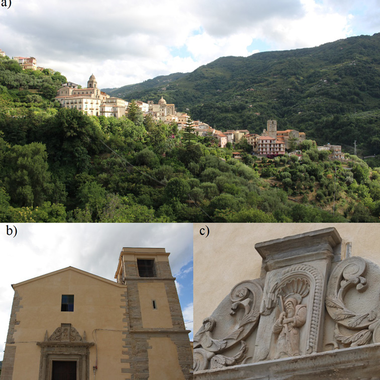 Map of Sicily and location of the site (a); the town of Sant&rsquo;Angelo di Brolo, Sicily (b); the church of Saint Francis of Paola (c); detail of the main gate of the church (d).