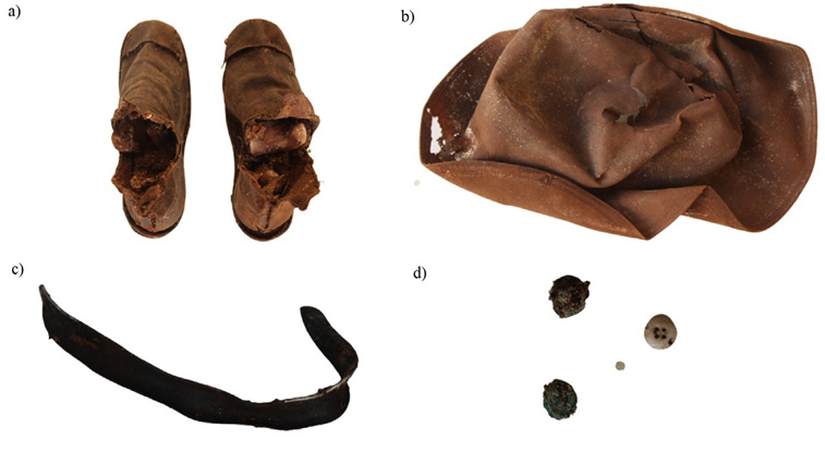 Artefacts associated with the crypt burials including shoes (a); a hat (b); a collar (c); and the buttons (d).