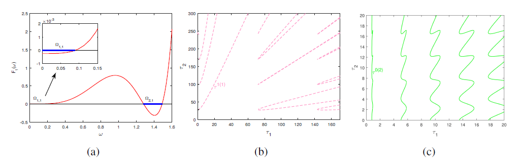(a) Graph of F1(ω). (b) Stability switching curves T 1. (c) Stability switching curves T 2.