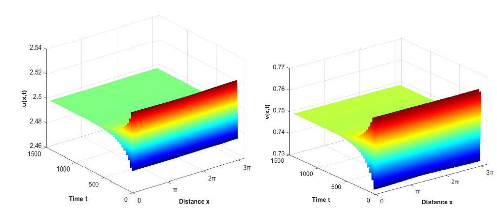 When P1  ∈ D1 the positive equilibrium is asymptotically stable where the initial values are u0x t  255  05 cos x v0x t  075 − 03 cos x