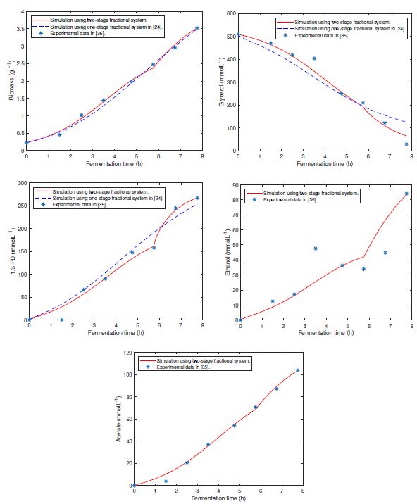 Concentration changes of substrates and products with respect to fermentation time.