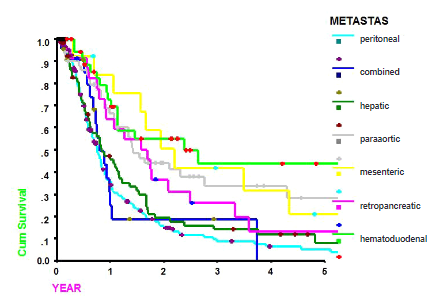 Survival curves according to the pattern of metastasis (the survival of patients with non-regional lymph node metastasis, such as hepatoduodenal, mesenteric, and para-aortic lymph nodes, was better than that of patients with hepatic metastasis or peritoneal dissemination)