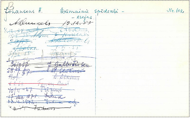 Catalog card for one of the most borrowed books in the library − Andrejs Johansons’ collection of essays Dūmainie spīdekļi (“Smoky Lamps”; Stockholm: Daugava, 1953). National Library of Latvia, Rare Book and Manuscript Collection, RXA 164, 455