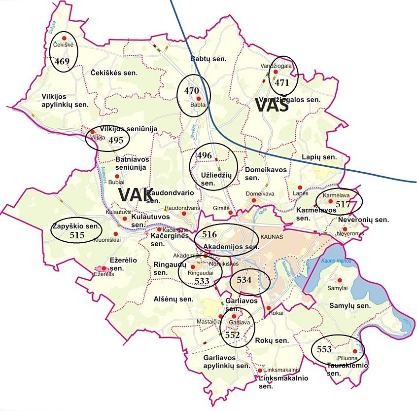 Kauno rajonui priklausantys LKA punktai ir jų tarminis pasiskirstymas. Adaptuota pagal šaltinį: KRS.lt
