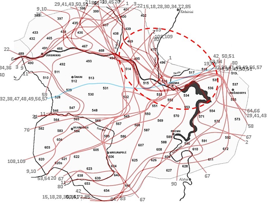 Tarminių ypatybių izofonės vakarų aukštaičių kauniškių plote. Adaptuota pagal šaltinį: LKA, 19825