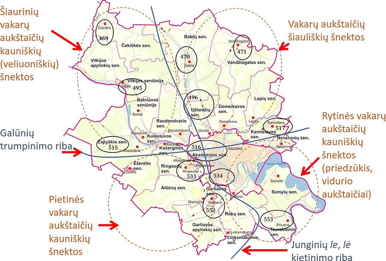 Tradiciniai tarminiai arealai Kauno rajone. Adaptuota pagal šaltinius: KRS.lt; LKA, 1982