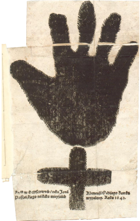 Pasau valdytojo Jono Klemenso ranka. Iliustracija iš knygos „Historya o Janie Klemenṡie Sędzim Zamku Possons kiego...“, Vilnius, 1643.