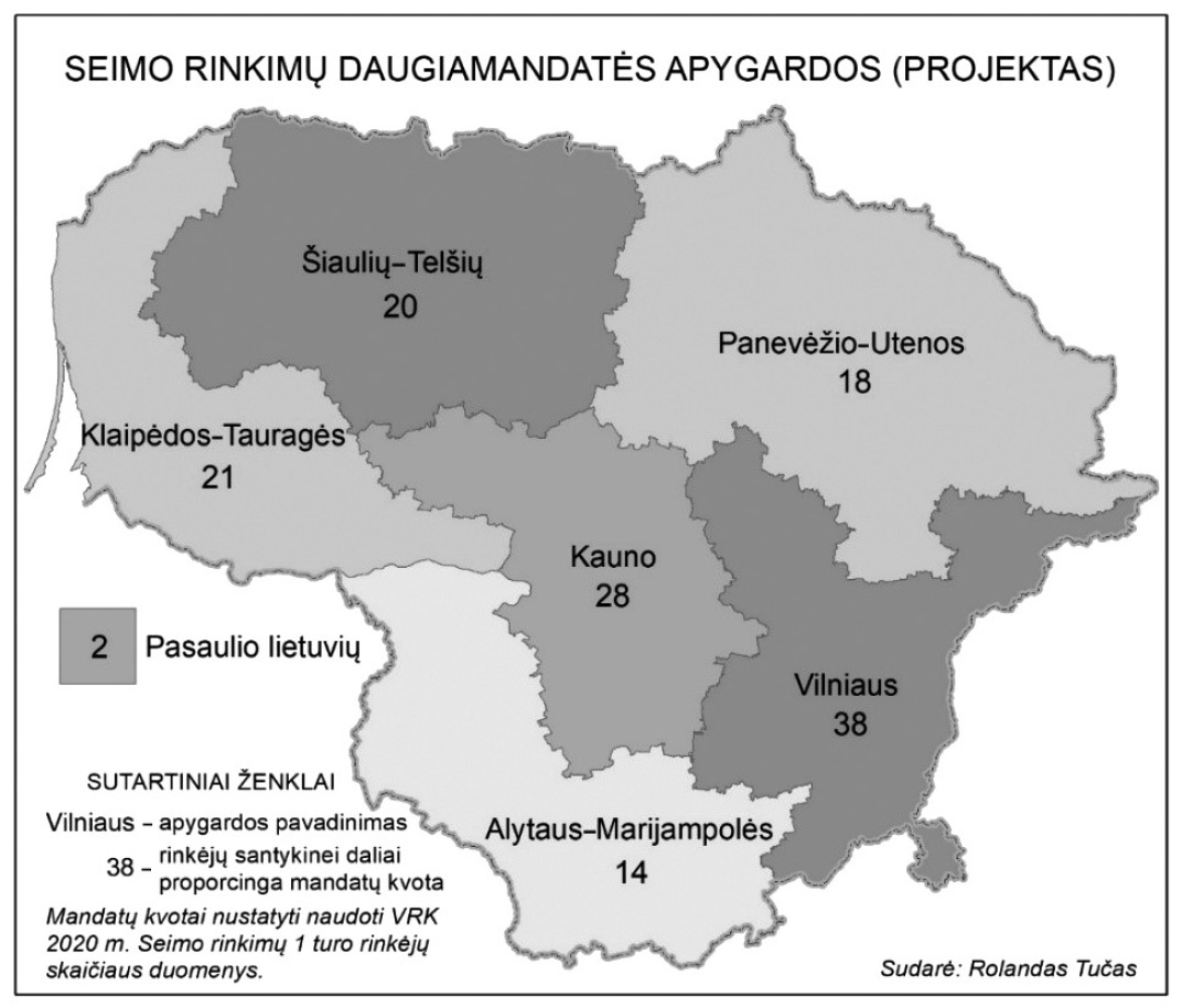 Siūlomas Lietuvos Respublikos Seimo rinkimų daugiamandačių apygardų žemėlapis.