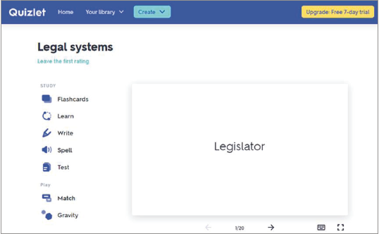 Options for vocabulary learning provided by Quizlet