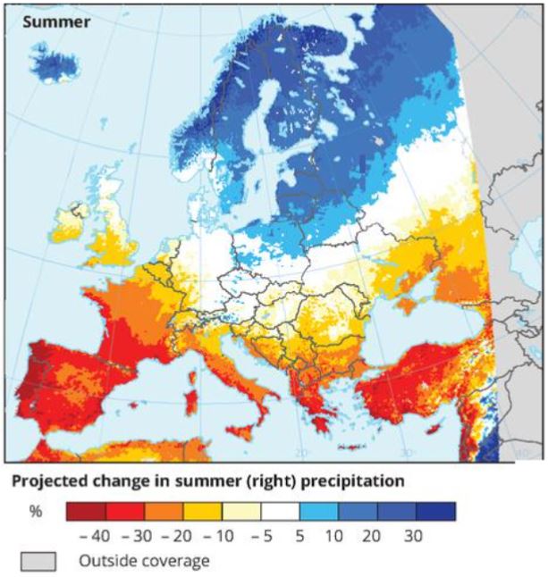 &bdquo;I žemėlapis&ldquo; European Environment Agency, prognozuojamo vasaros kritulių kiekio pokyčio vizualizacija, Olandija, 2014