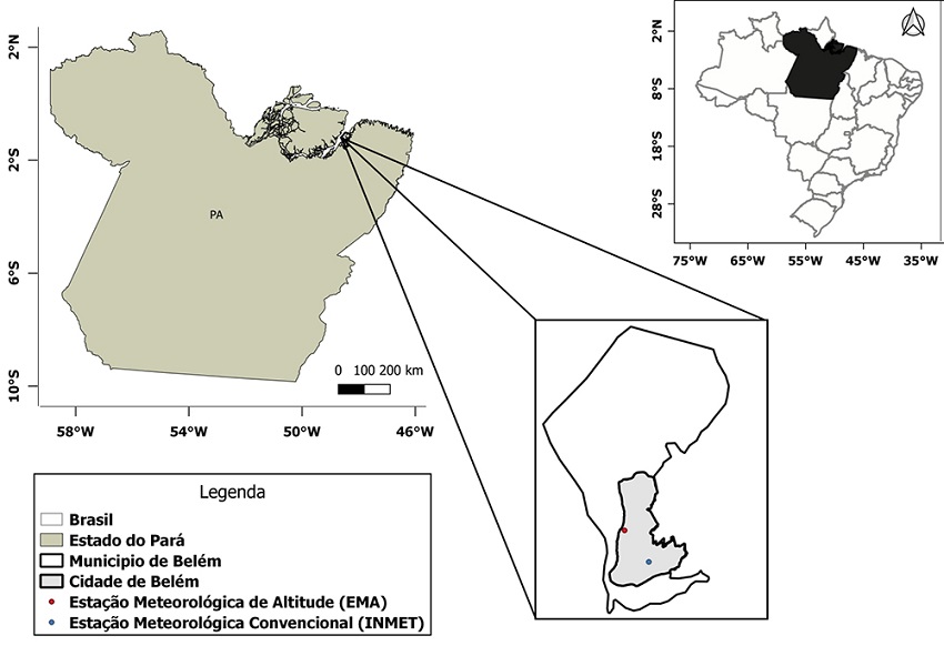 Localização geográfica da cidade de Belém-PA, da Estação Meteorológica de Altitude do Aeroporto Internacional de Belém (ponto vermelho) e da estação meteorológica de superfície convencional do INMET (ponto azul).