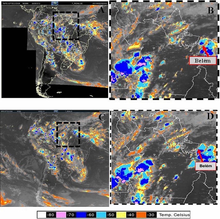Imagem do Satélite GOES no canal infravermelho do dia 23 de fevereiro de 2016 às 2000Z (17:00 HL): A. América do Sul; B. Norte do Brasil; e às 0000Z (21:00HL): C. América do sul; D. Norte do Brasil. Fonte: CPTEC/INPE
