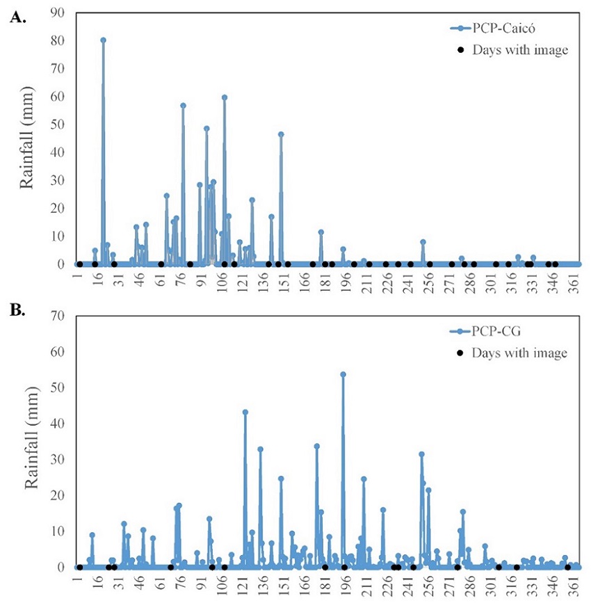 Daily rainfall distribution (mm) in 2014 according to the INMET meteorological station in the and records for the days with Terra MODIS images: A. Caicó-RN; B. Campina Grande-PB.