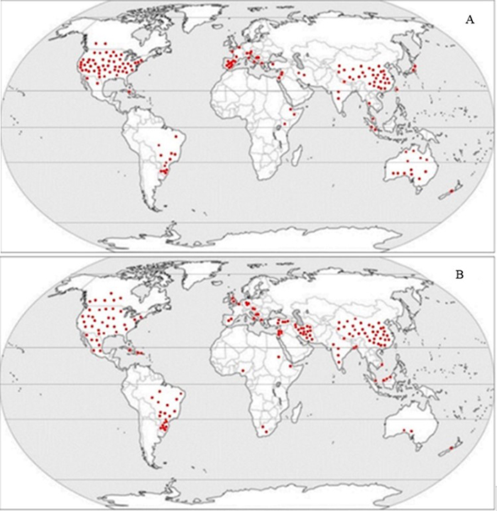 Geographical distribution of research around the world. A. Research carried out in the 2000s; B. Research carried out in the 2010s. The red dots represent the locations where searches were performed.