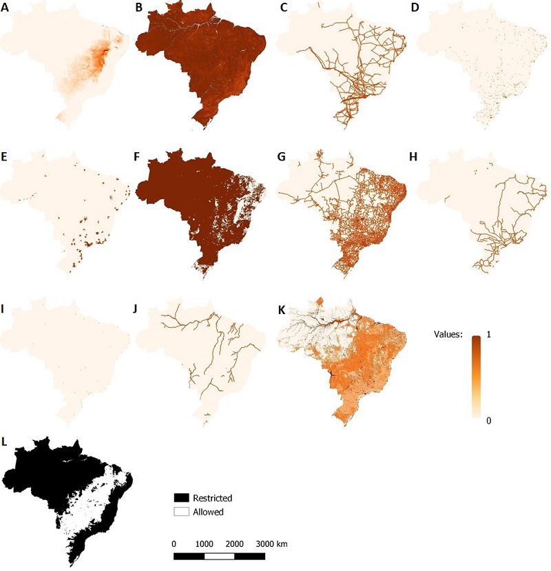 Standardized data: A. Direct solar irradiation; B. Topography; C. Proximity to transmission lines; D. Proximity to substations; E. Proximity to urban areas; F. Water resources; G. Proximity to highways; H. Proximity to Railways; I. Proximity to cargo airports; J. Proximity to waterways; K. Land use; L. Restrictions by environmental, traditional communities and DNI threshold.