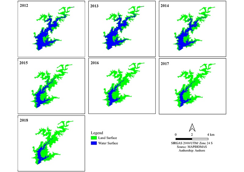 Map of land use and land cover in the reservoir Serrinha II, Pernambuco, from 2012 to 2018, obtained by MapBiomas.