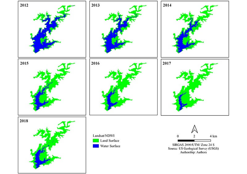 NDWI maps of the Serrinha II reservoir, from 2012 to 2018.