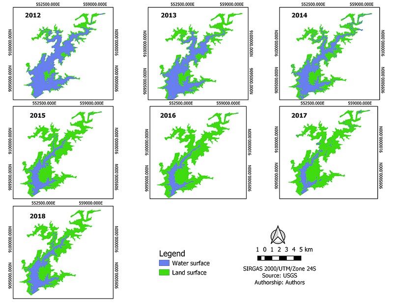 Reservoir maps using the SVM algorithm, from 2012 to 2018.