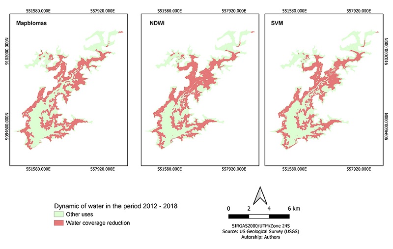 Dynamics of water in the period from 2012 to 2018: "other uses" refers to the areas that presented no coverage modification (green), and "water coverage reduction" refers to areas that modified from water to other uses coverage (red).