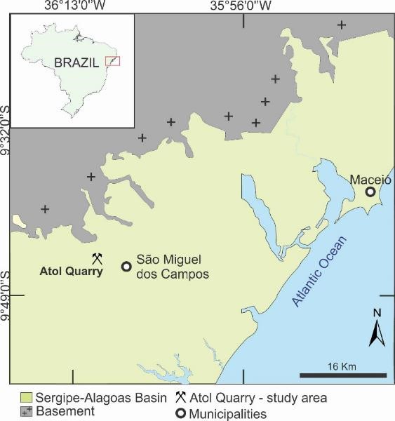 Location map of the Atoll quarry near the city of São Miguel dos Campos - AL (Brazil). The Sergipe-Alagoas Basin and crystalline basement.